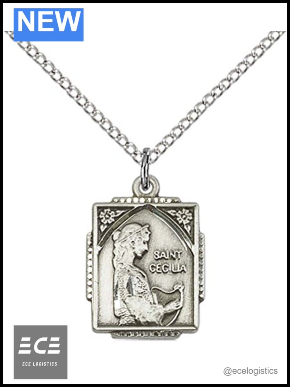 Sterling Silver St Cecilia Pendant Necklace 18" Lite Curb Chain